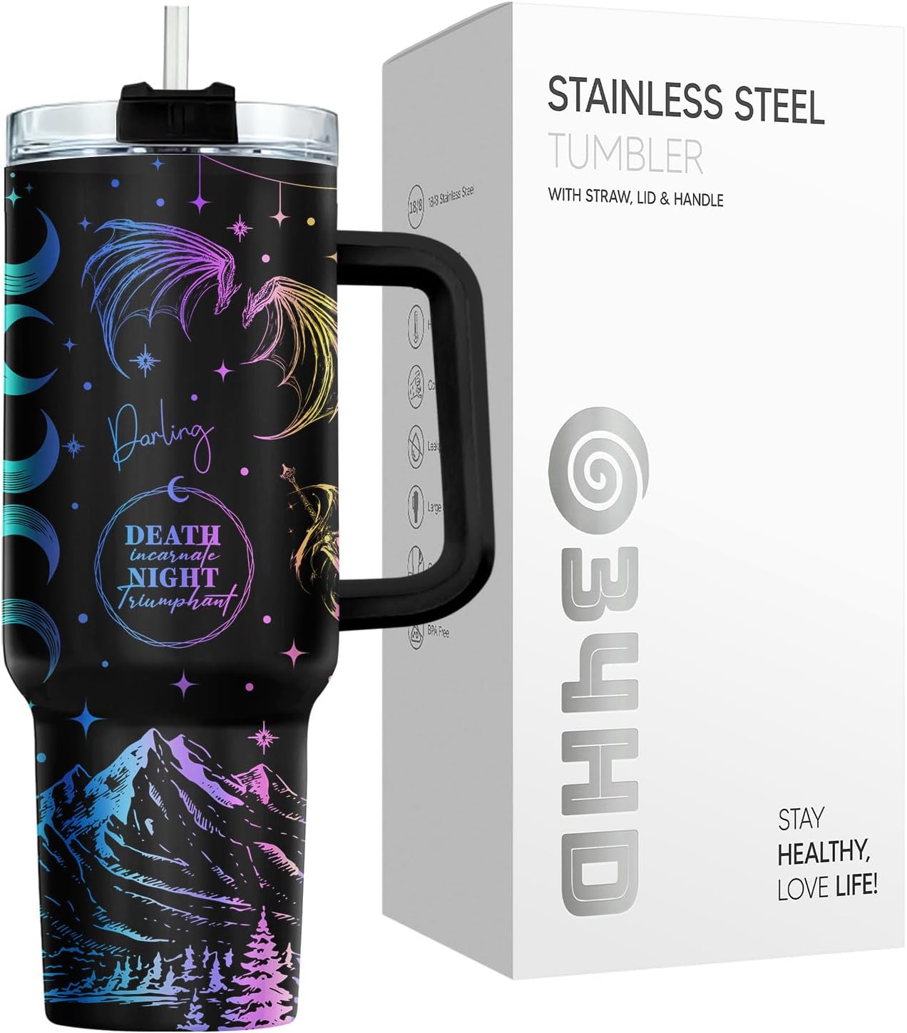 Fantasy Cat Dinosaur 40 oz Tumbler with Handle, Cat Lover Gift | Feline Lover Gift, Feline Kitty Whiskers Paw Meow Fur Baby Enchanted Magical Mythical Quest Tumbler