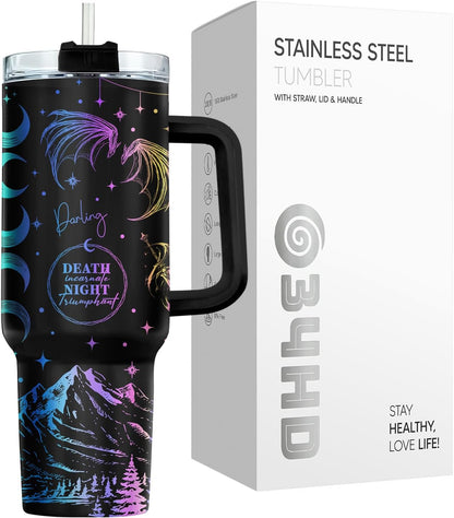 Fantasy Cat Dinosaur 40 oz Tumbler with Handle, Cat Lover Gift | Feline Lover Gift, Feline Kitty Whiskers Paw Meow Fur Baby Enchanted Magical Mythical Quest Tumbler