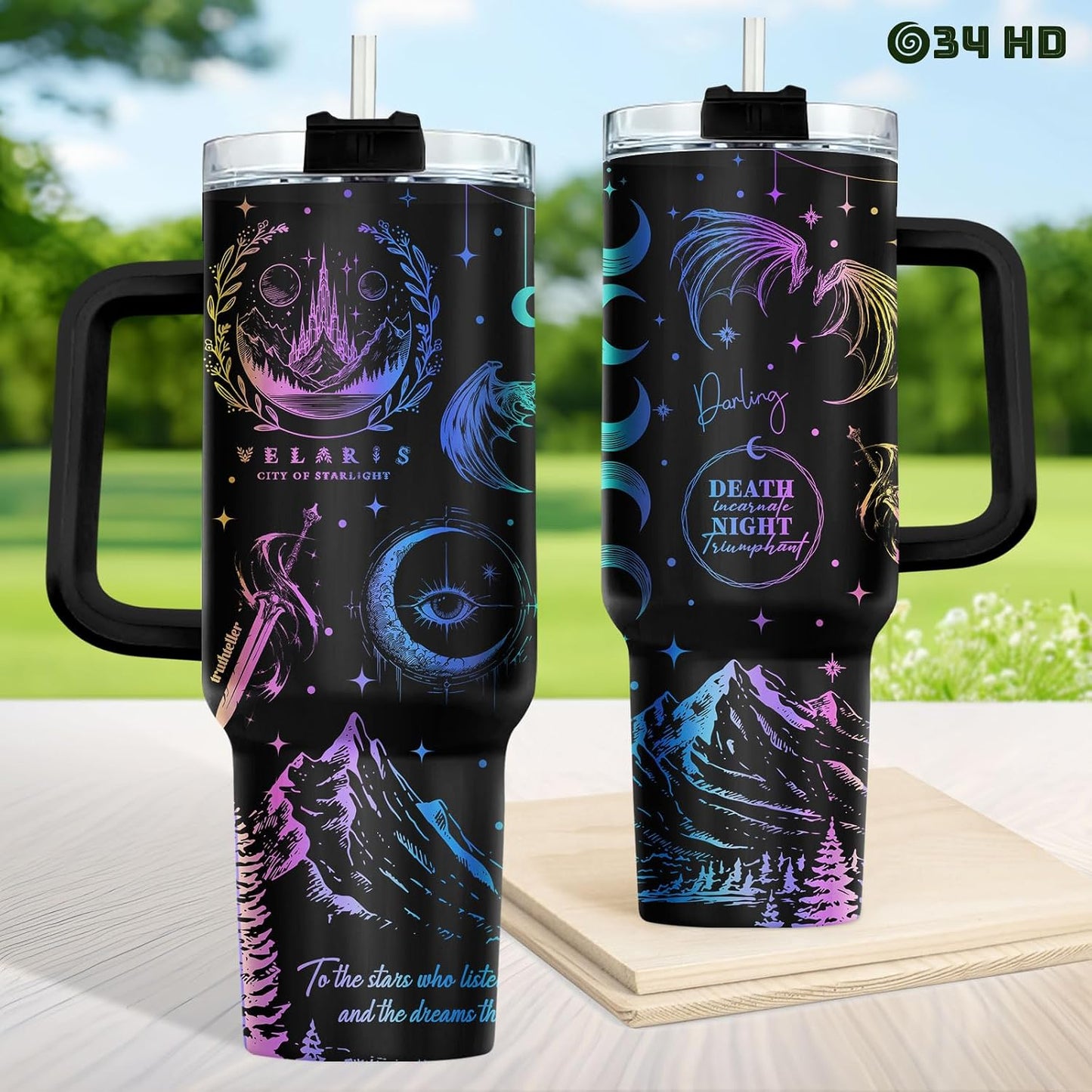 Fantasy Cat Dinosaur 40 oz Tumbler with Handle, Cat Lover Gift | Feline Lover Gift, Feline Kitty Whiskers Paw Meow Fur Baby Enchanted Magical Mythical Quest Tumbler