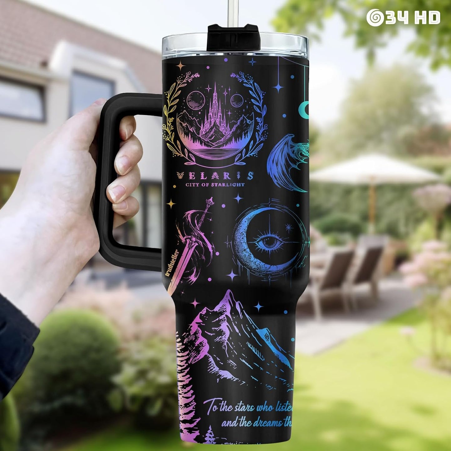 Fantasy Cat Dinosaur 40 oz Tumbler with Handle, Cat Lover Gift | Feline Lover Gift, Feline Kitty Whiskers Paw Meow Fur Baby Enchanted Magical Mythical Quest Tumbler