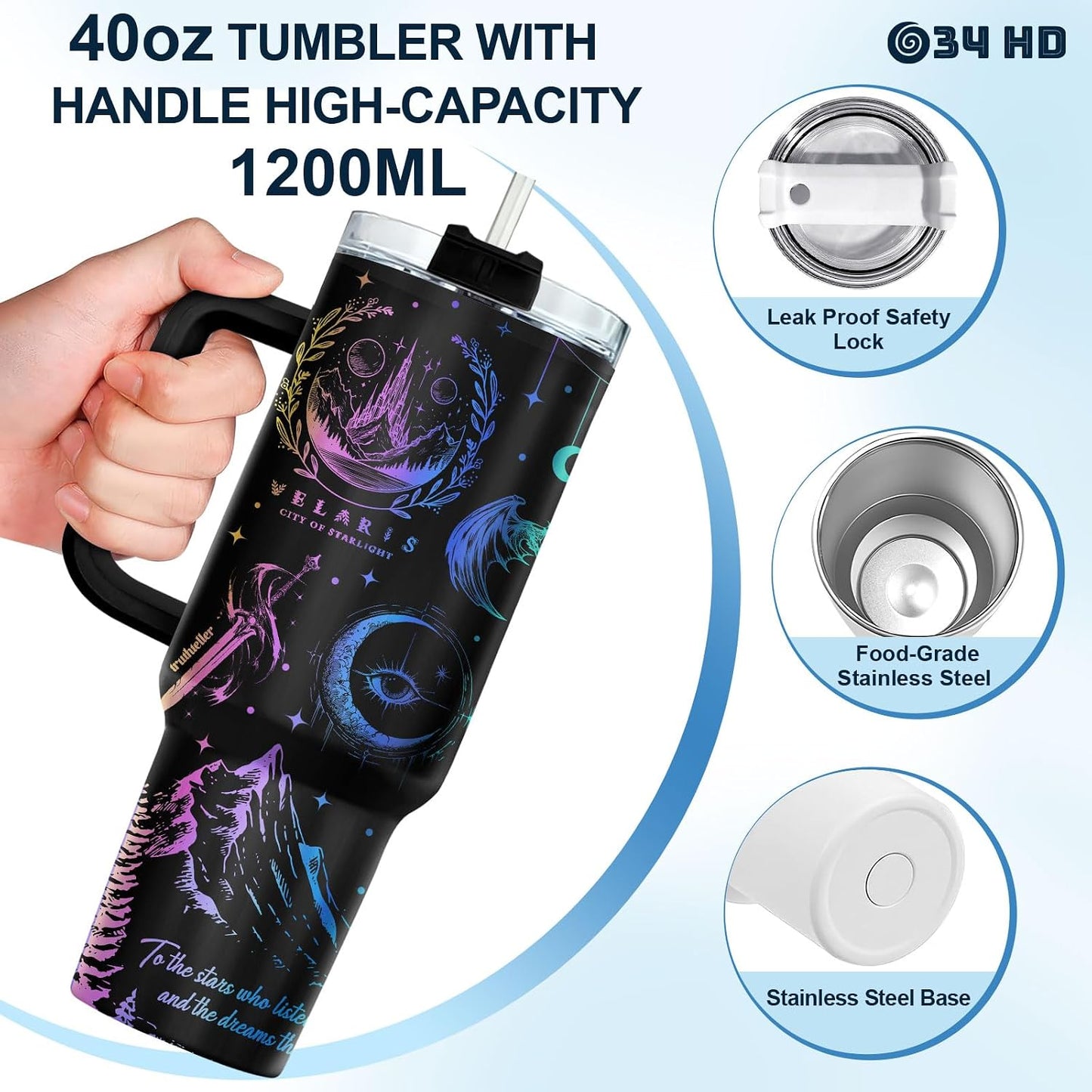 Fantasy Cat Dinosaur 40 oz Tumbler with Handle, Cat Lover Gift | Feline Lover Gift, Feline Kitty Whiskers Paw Meow Fur Baby Enchanted Magical Mythical Quest Tumbler