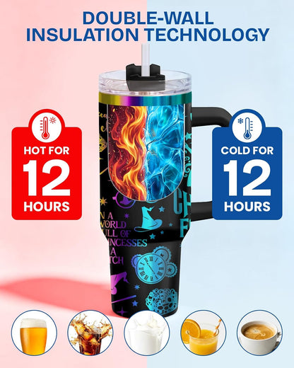 Fantasy Cat Dinosaur 40 oz Tumbler with Handle, Cat Lover Gift | Feline Lover Gift, Feline Kitty Whiskers Paw Meow Fur Baby Enchanted Magical Mythical Quest Tumbler