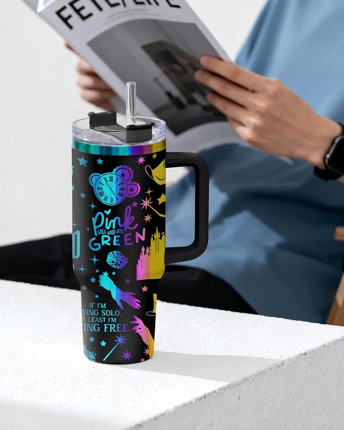 Fantasy Cat Dinosaur 40 oz Tumbler with Handle, Cat Lover Gift | Feline Lover Gift, Feline Kitty Whiskers Paw Meow Fur Baby Enchanted Magical Mythical Quest Tumbler
