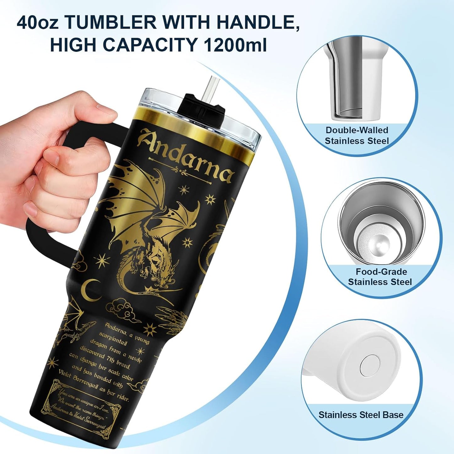 Fantasy Cat Dinosaur 40 oz Tumbler with Handle, Cat Lover Gift | Feline Lover Gift, Feline Kitty Whiskers Paw Meow Fur Baby Enchanted Magical Mythical Quest Tumbler