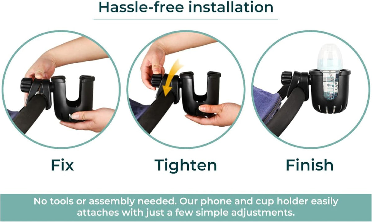 Universal, Stroller, Sturdy, Cup and Cell Phone Holder, All Black, 2-in-1, for Carriages, Walker, Wheelchairs, Rollator, Scooters & Bike Phone & Cupholder Organizer - Easy to Install