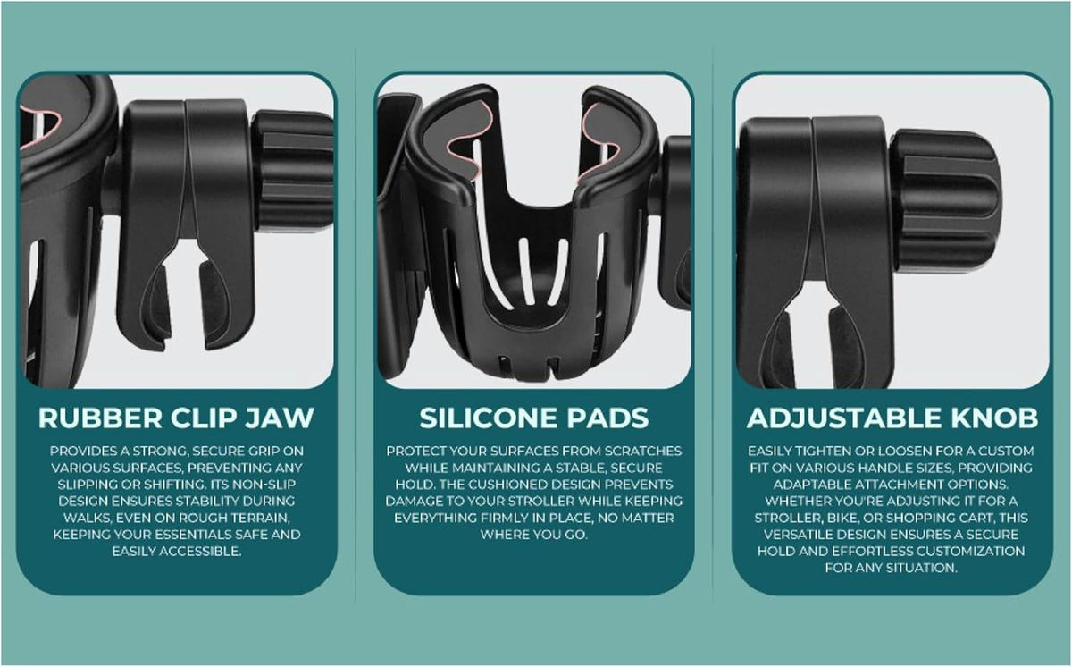 Universal, Stroller, Sturdy, Cup and Cell Phone Holder, All Black, 2-in-1, for Carriages, Walker, Wheelchairs, Rollator, Scooters & Bike Phone & Cupholder Organizer - Easy to Install