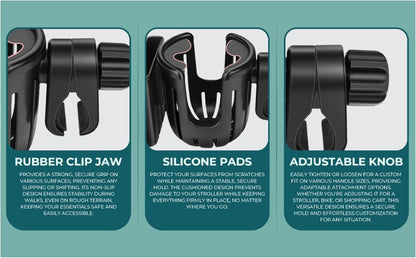 Universal, Stroller, Sturdy, Cup and Cell Phone Holder, All Black, 2-in-1, for Carriages, Walker, Wheelchairs, Rollator, Scooters & Bike Phone & Cupholder Organizer - Easy to Install