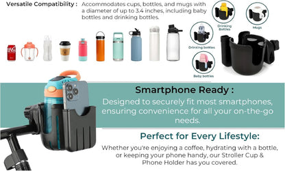 Universal, Stroller, Sturdy, Cup and Cell Phone Holder, All Black, 2-in-1, for Carriages, Walker, Wheelchairs, Rollator, Scooters & Bike Phone & Cupholder Organizer - Easy to Install