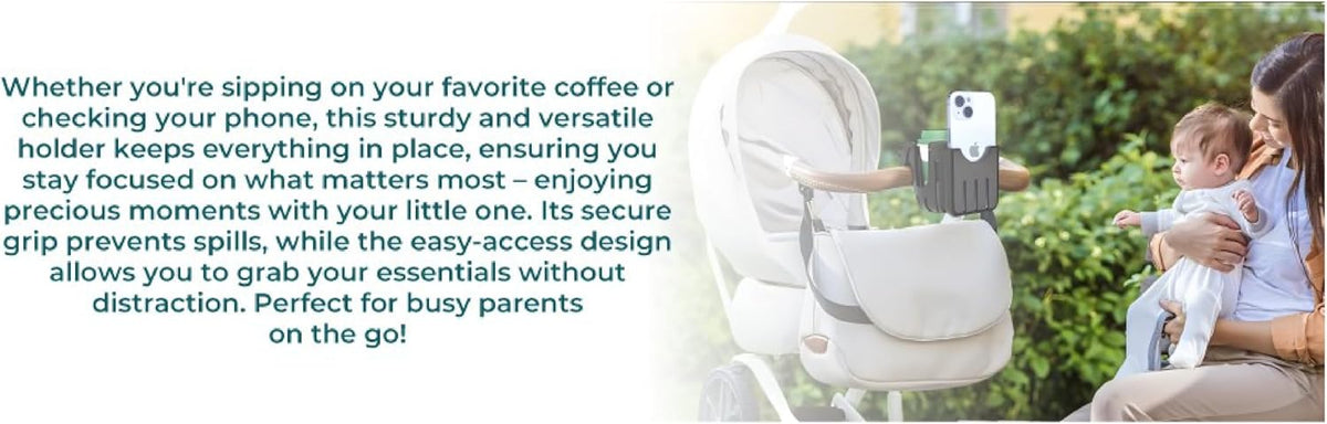 Universal, Stroller, Sturdy, Cup and Cell Phone Holder, All Black, 2-in-1, for Carriages, Walker, Wheelchairs, Rollator, Scooters & Bike Phone & Cupholder Organizer - Easy to Install