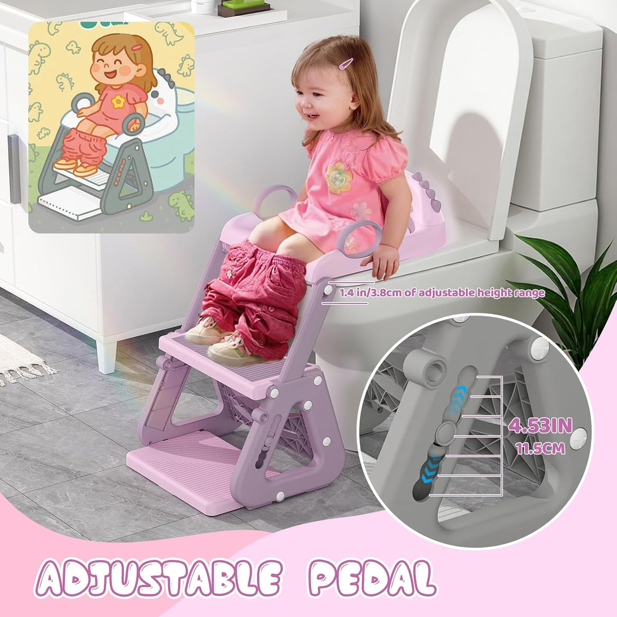 Potty Training Seat, Upgrade 2 in 1 Potty Training Toilet with Step Stool Foldable Toddler Toilet Seat for Kids Boys Girls Toddler Potty with Splash Guard Anti-Slip Pad Adjustable Ladder & Seat Height
