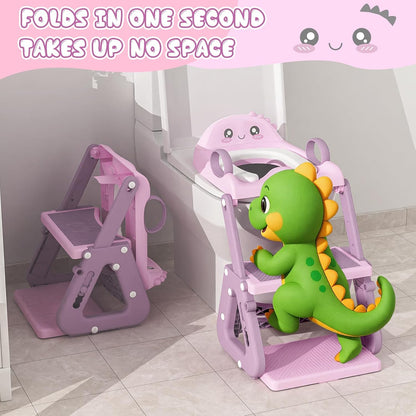 Potty Training Seat, Upgrade 2 in 1 Potty Training Toilet with Step Stool Foldable Toddler Toilet Seat for Kids Boys Girls Toddler Potty with Splash Guard Anti-Slip Pad Adjustable Ladder & Seat Height