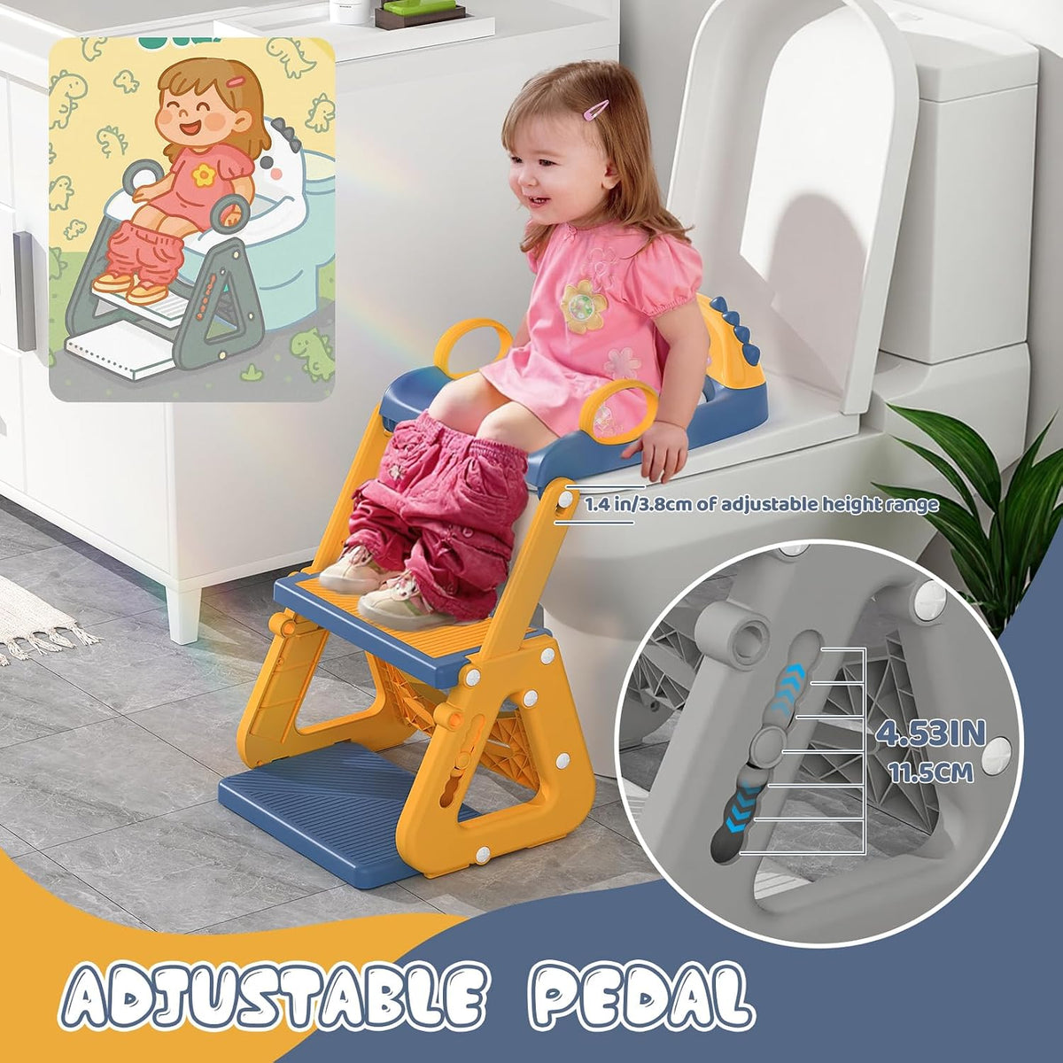 Potty Training Seat, Upgrade 2 in 1 Potty Training Toilet with Step Stool Foldable Toddler Toilet Seat for Kids Boys Girls Toddler Potty with Splash Guard Anti-Slip Pad Adjustable Ladder & Seat Height