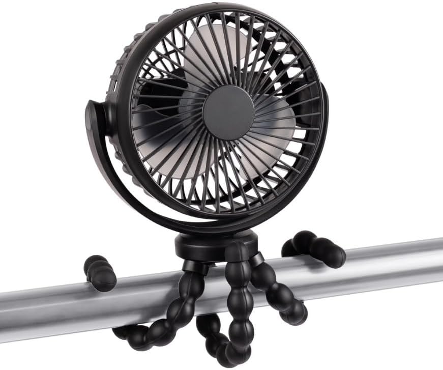 Portable Rechargeable Stroller Fan with Flexible Tripod Legs, 360° Rotatable 3 Speed Quiet Baby Fan with Safe Mesh, USB Charging for Stroller Car Seat Crib Travel, Black