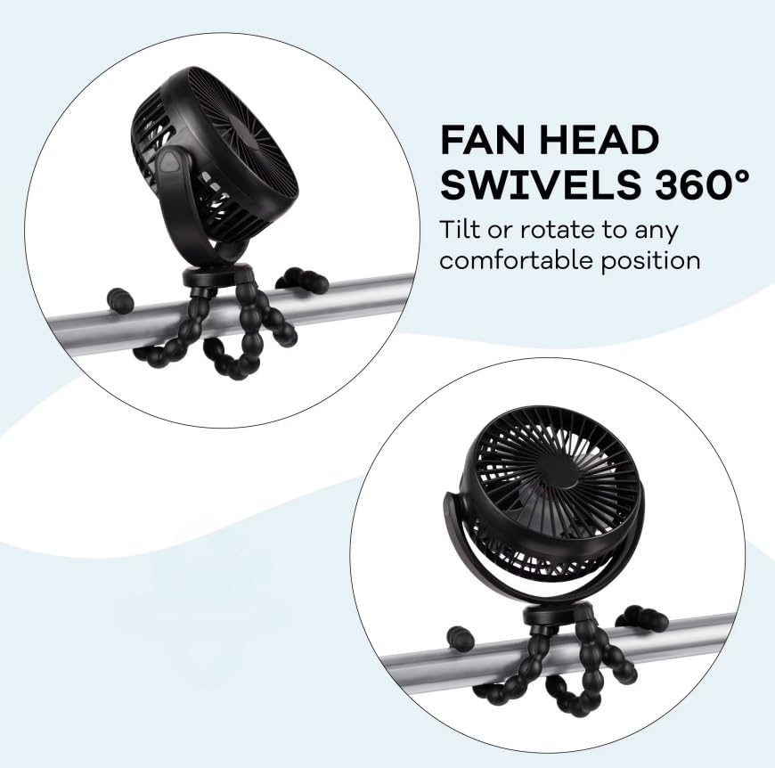 Portable Rechargeable Stroller Fan with Flexible Tripod Legs, 360° Rotatable 3 Speed Quiet Baby Fan with Safe Mesh, USB Charging for Stroller Car Seat Crib Travel, Black