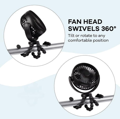 Portable Rechargeable Stroller Fan with Flexible Tripod Legs, 360° Rotatable 3 Speed Quiet Baby Fan with Safe Mesh, USB Charging for Stroller Car Seat Crib Travel, Black