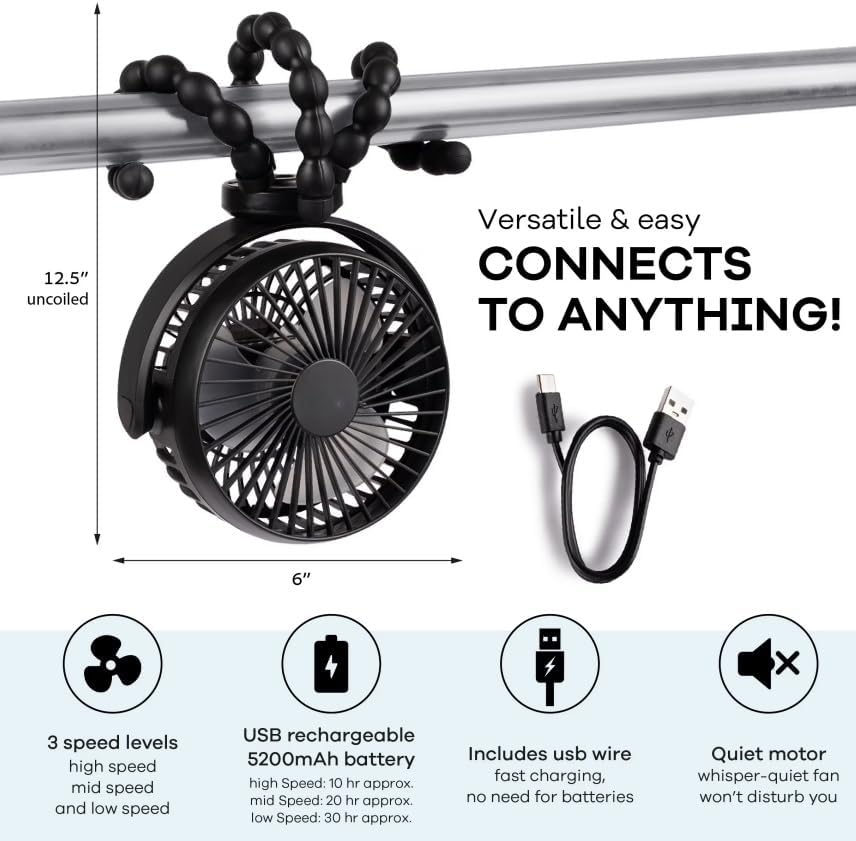 Portable Rechargeable Stroller Fan with Flexible Tripod Legs, 360° Rotatable 3 Speed Quiet Baby Fan with Safe Mesh, USB Charging for Stroller Car Seat Crib Travel, Black