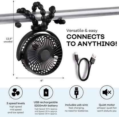Portable Rechargeable Stroller Fan with Flexible Tripod Legs, 360° Rotatable 3 Speed Quiet Baby Fan with Safe Mesh, USB Charging for Stroller Car Seat Crib Travel, Black