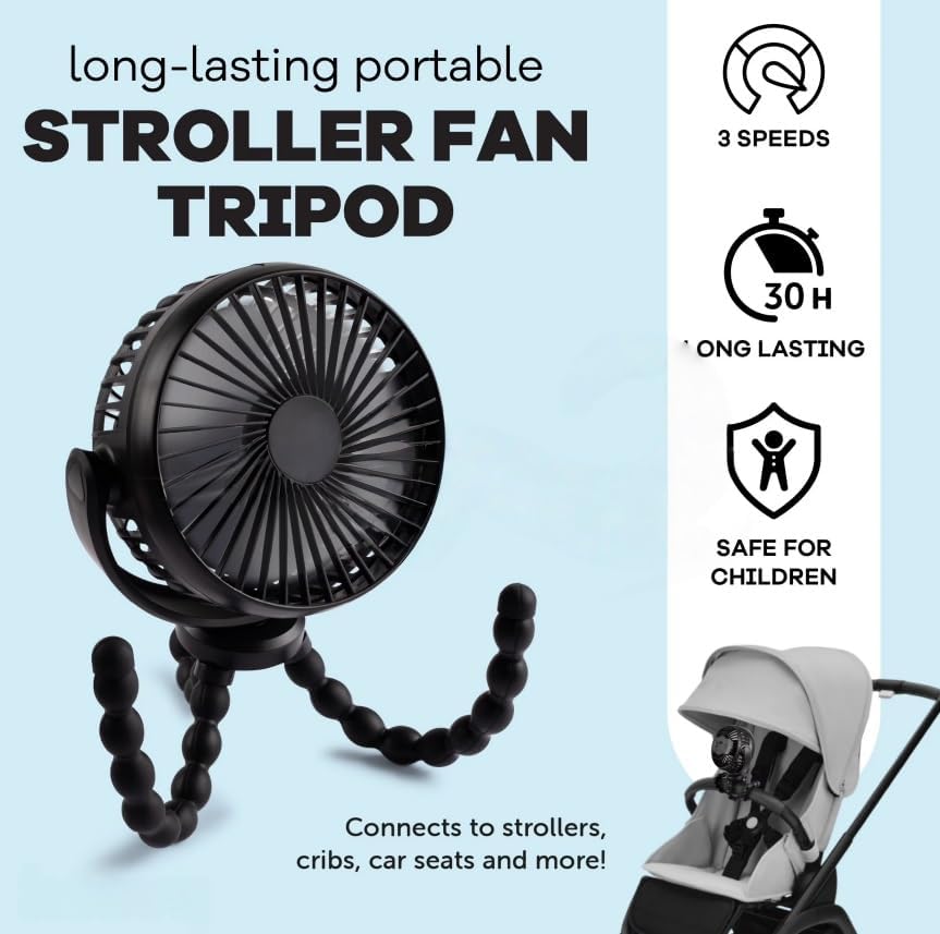 Portable Rechargeable Stroller Fan with Flexible Tripod Legs, 360° Rotatable 3 Speed Quiet Baby Fan with Safe Mesh, USB Charging for Stroller Car Seat Crib Travel, Black
