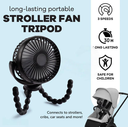 Portable Rechargeable Stroller Fan with Flexible Tripod Legs, 360° Rotatable 3 Speed Quiet Baby Fan with Safe Mesh, USB Charging for Stroller Car Seat Crib Travel, Black