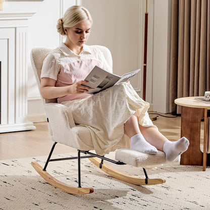 Furniliving Nursery Rocking Chair Modern Armchair Upholstered Glider Rocking Chair Accent Chair with Retractable Footrest Reading Chair with High Backrest Solid Wood Base for Bedroom, White, Teddy