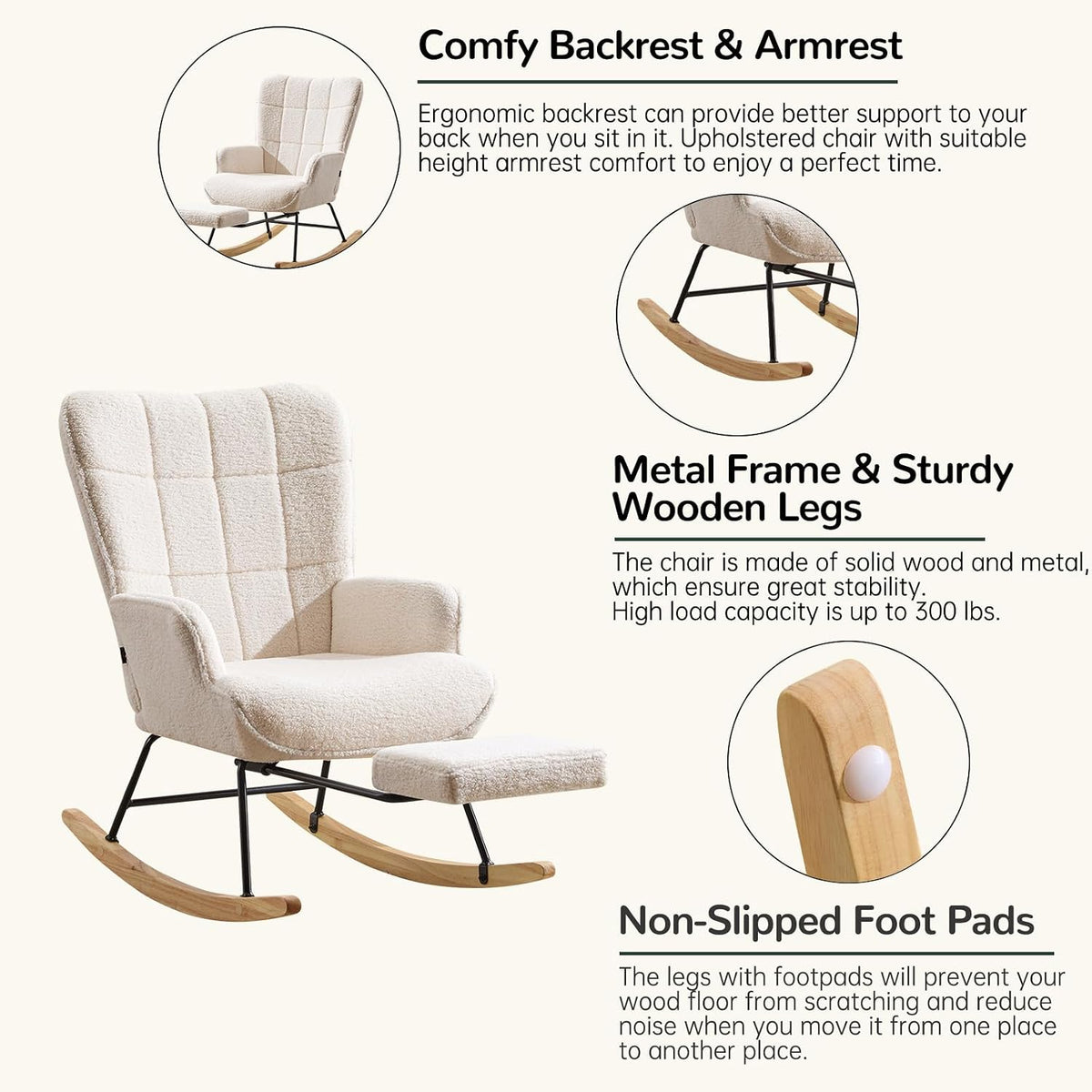 Furniliving Nursery Rocking Chair Modern Armchair Upholstered Glider Rocking Chair Accent Chair with Retractable Footrest Reading Chair with High Backrest Solid Wood Base for Bedroom, White, Teddy