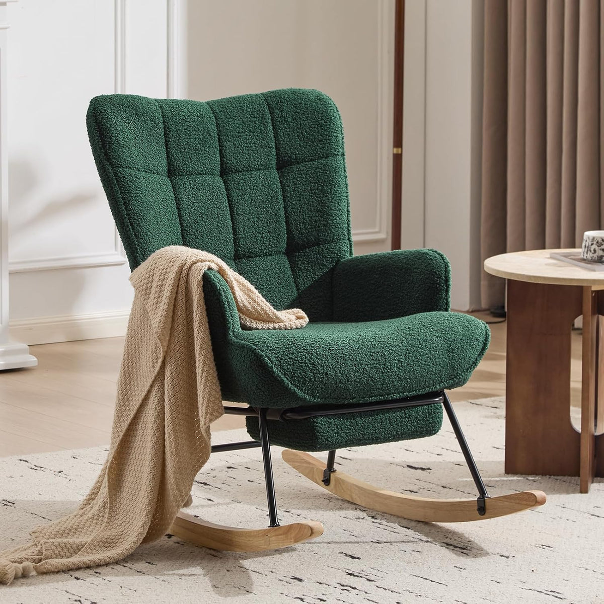 Furniliving Nursery Rocking Chair Modern Armchair Upholstered Glider Rocking Chair Accent Chair with Retractable Footrest Reading Chair with High Backrest Solid Wood Base for Bedroom, White, Teddy