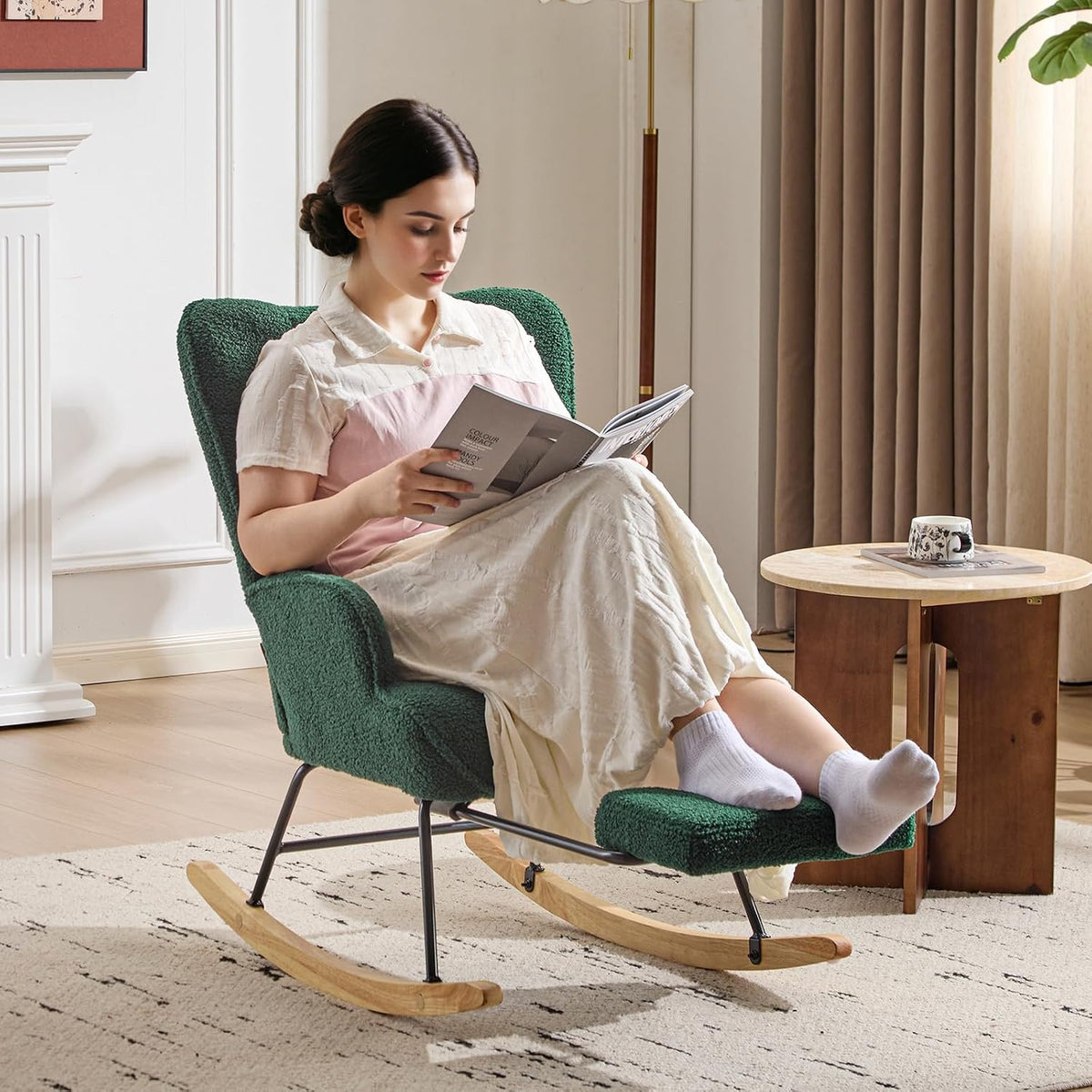 Furniliving Nursery Rocking Chair Modern Armchair Upholstered Glider Rocking Chair Accent Chair with Retractable Footrest Reading Chair with High Backrest Solid Wood Base for Bedroom, White, Teddy