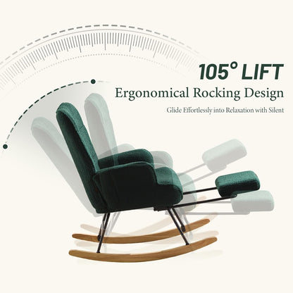 Furniliving Nursery Rocking Chair Modern Armchair Upholstered Glider Rocking Chair Accent Chair with Retractable Footrest Reading Chair with High Backrest Solid Wood Base for Bedroom, White, Teddy