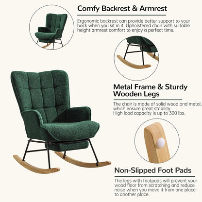 Furniliving Nursery Rocking Chair Modern Armchair Upholstered Glider Rocking Chair Accent Chair with Retractable Footrest Reading Chair with High Backrest Solid Wood Base for Bedroom, White, Teddy