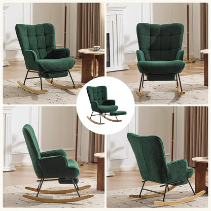 Furniliving Nursery Rocking Chair Modern Armchair Upholstered Glider Rocking Chair Accent Chair with Retractable Footrest Reading Chair with High Backrest Solid Wood Base for Bedroom, White, Teddy