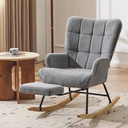 Furniliving Nursery Rocking Chair Modern Armchair Upholstered Glider Rocking Chair Accent Chair with Retractable Footrest Reading Chair with High Backrest Solid Wood Base for Bedroom, White, Teddy