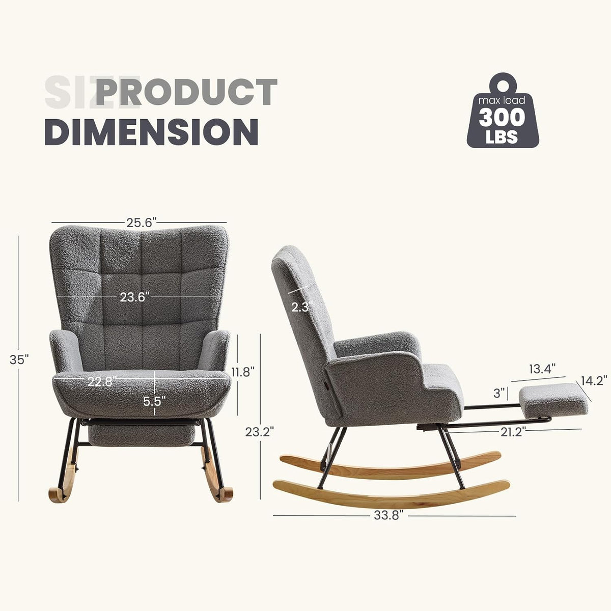 Furniliving Nursery Rocking Chair Modern Armchair Upholstered Glider Rocking Chair Accent Chair with Retractable Footrest Reading Chair with High Backrest Solid Wood Base for Bedroom, White, Teddy