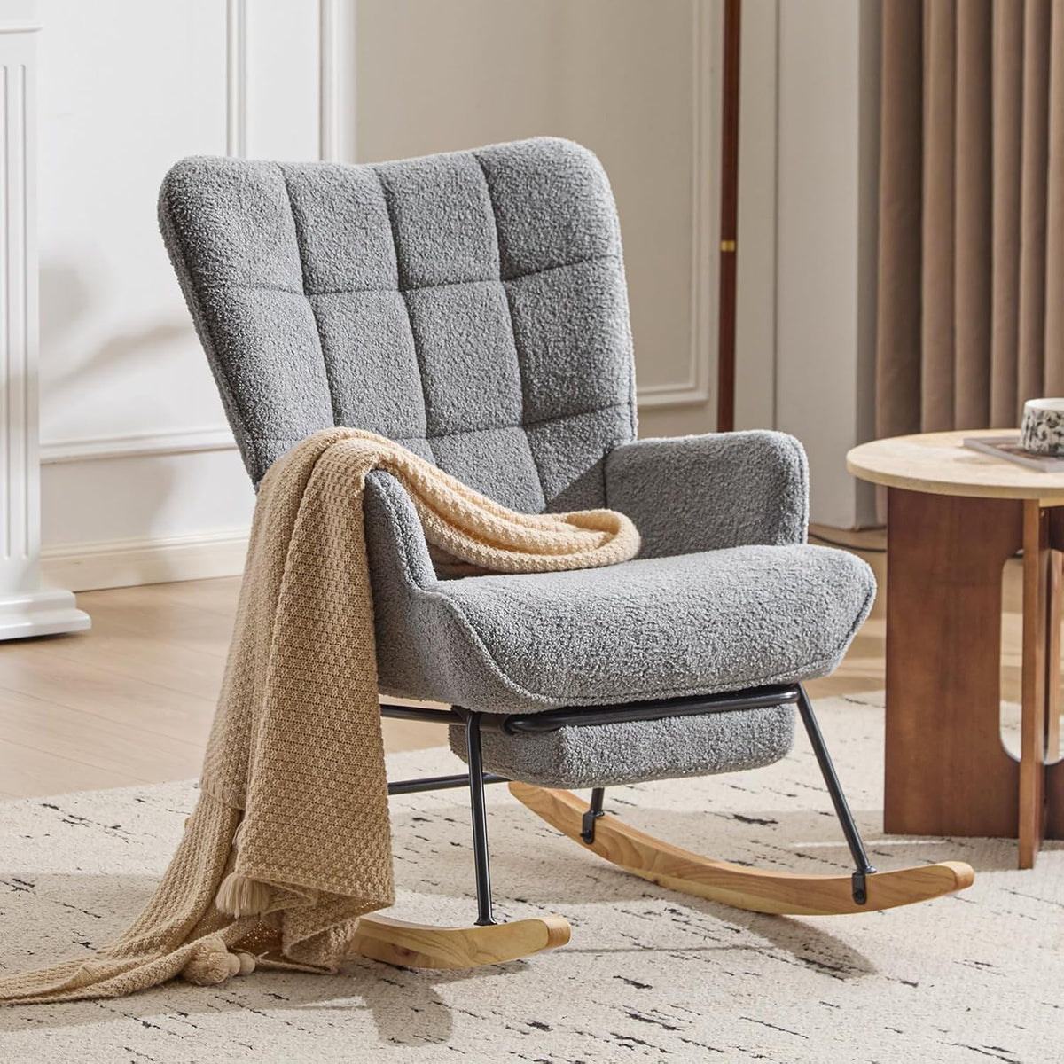 Furniliving Nursery Rocking Chair Modern Armchair Upholstered Glider Rocking Chair Accent Chair with Retractable Footrest Reading Chair with High Backrest Solid Wood Base for Bedroom, White, Teddy