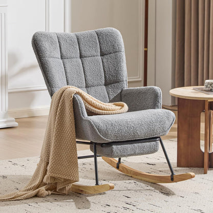 Furniliving Nursery Rocking Chair Modern Armchair Upholstered Glider Rocking Chair Accent Chair with Retractable Footrest Reading Chair with High Backrest Solid Wood Base for Bedroom, White, Teddy