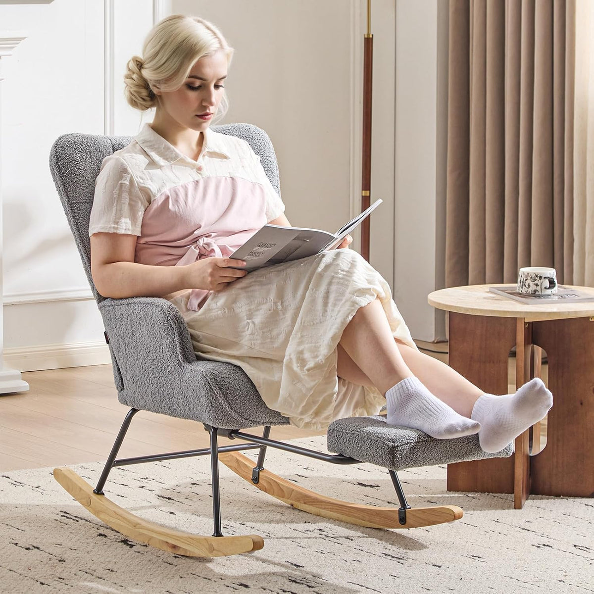 Furniliving Nursery Rocking Chair Modern Armchair Upholstered Glider Rocking Chair Accent Chair with Retractable Footrest Reading Chair with High Backrest Solid Wood Base for Bedroom, White, Teddy