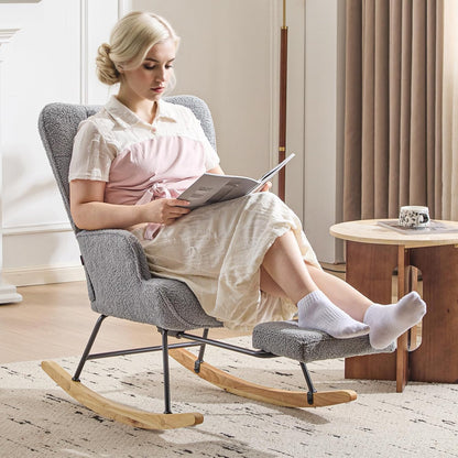 Furniliving Nursery Rocking Chair Modern Armchair Upholstered Glider Rocking Chair Accent Chair with Retractable Footrest Reading Chair with High Backrest Solid Wood Base for Bedroom, White, Teddy