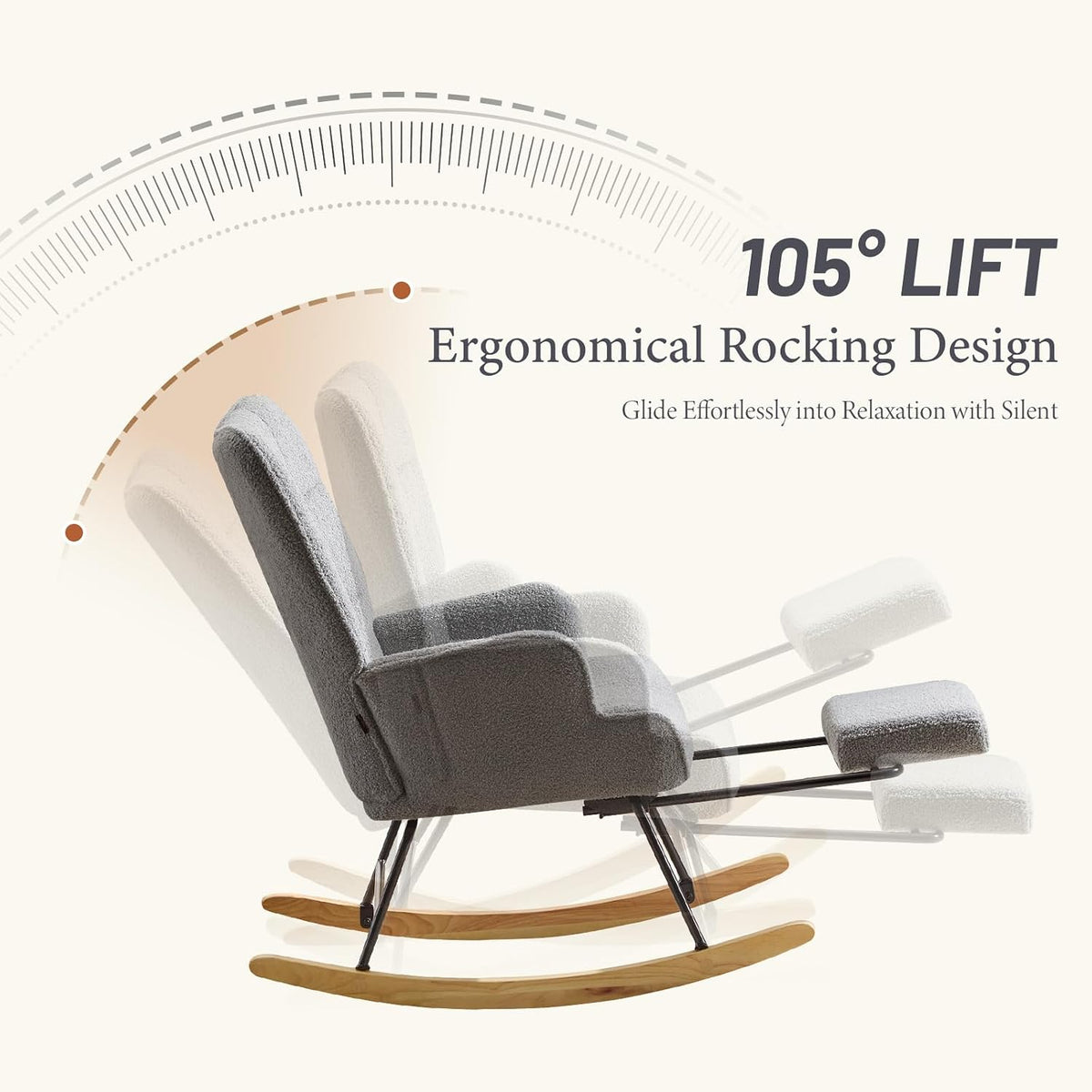 Furniliving Nursery Rocking Chair Modern Armchair Upholstered Glider Rocking Chair Accent Chair with Retractable Footrest Reading Chair with High Backrest Solid Wood Base for Bedroom, White, Teddy