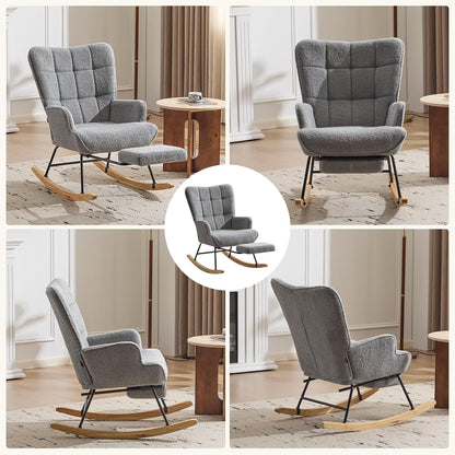 Furniliving Nursery Rocking Chair Modern Armchair Upholstered Glider Rocking Chair Accent Chair with Retractable Footrest Reading Chair with High Backrest Solid Wood Base for Bedroom, White, Teddy