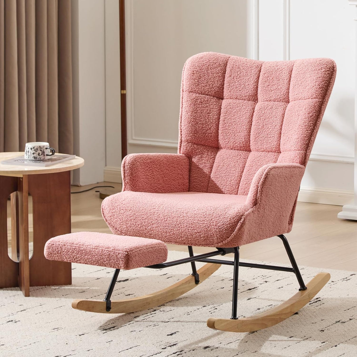 Furniliving Nursery Rocking Chair Modern Armchair Upholstered Glider Rocking Chair Accent Chair with Retractable Footrest Reading Chair with High Backrest Solid Wood Base for Bedroom, White, Teddy