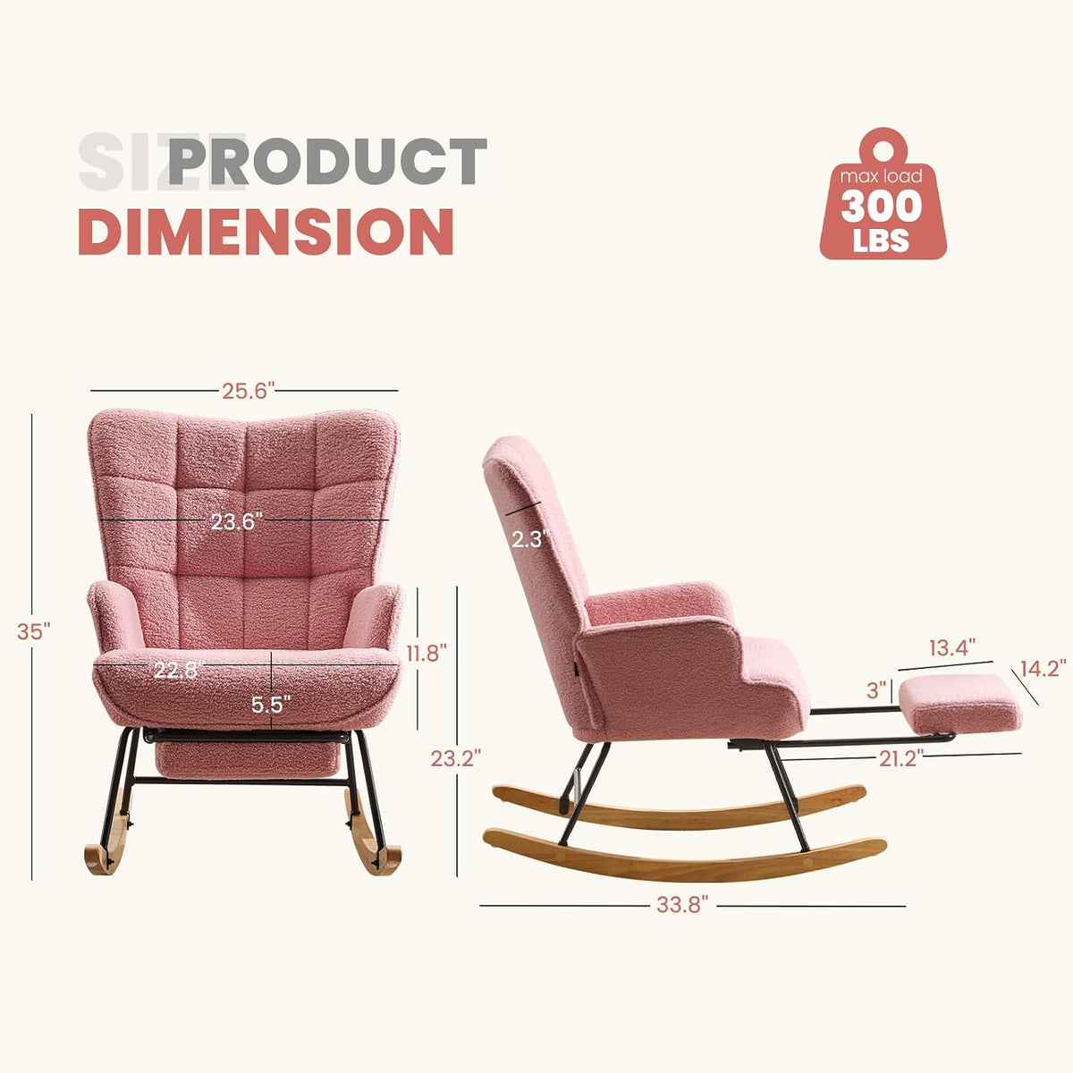 Furniliving Nursery Rocking Chair Modern Armchair Upholstered Glider Rocking Chair Accent Chair with Retractable Footrest Reading Chair with High Backrest Solid Wood Base for Bedroom, White, Teddy