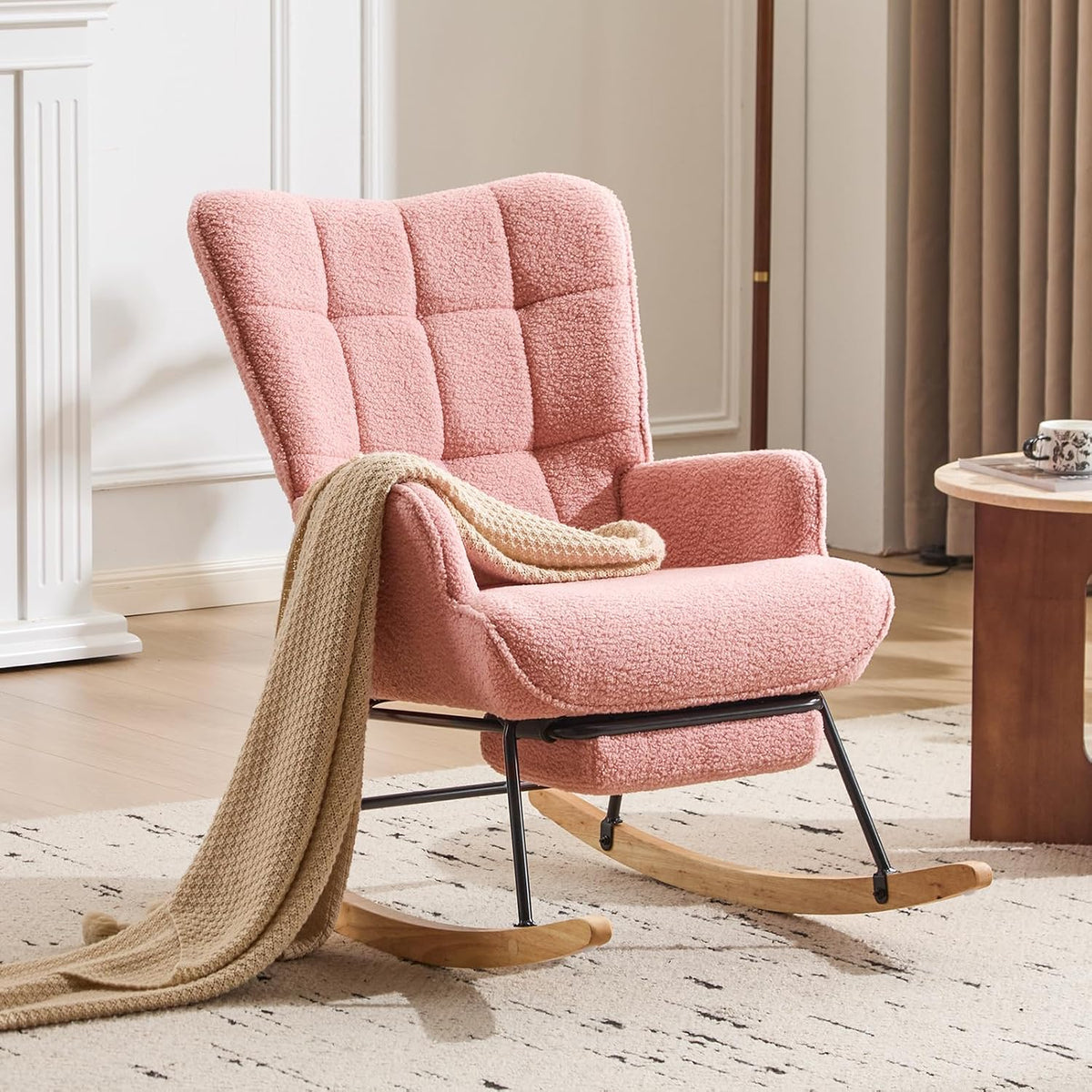 Furniliving Nursery Rocking Chair Modern Armchair Upholstered Glider Rocking Chair Accent Chair with Retractable Footrest Reading Chair with High Backrest Solid Wood Base for Bedroom, White, Teddy