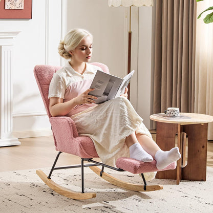 Furniliving Nursery Rocking Chair Modern Armchair Upholstered Glider Rocking Chair Accent Chair with Retractable Footrest Reading Chair with High Backrest Solid Wood Base for Bedroom, White, Teddy