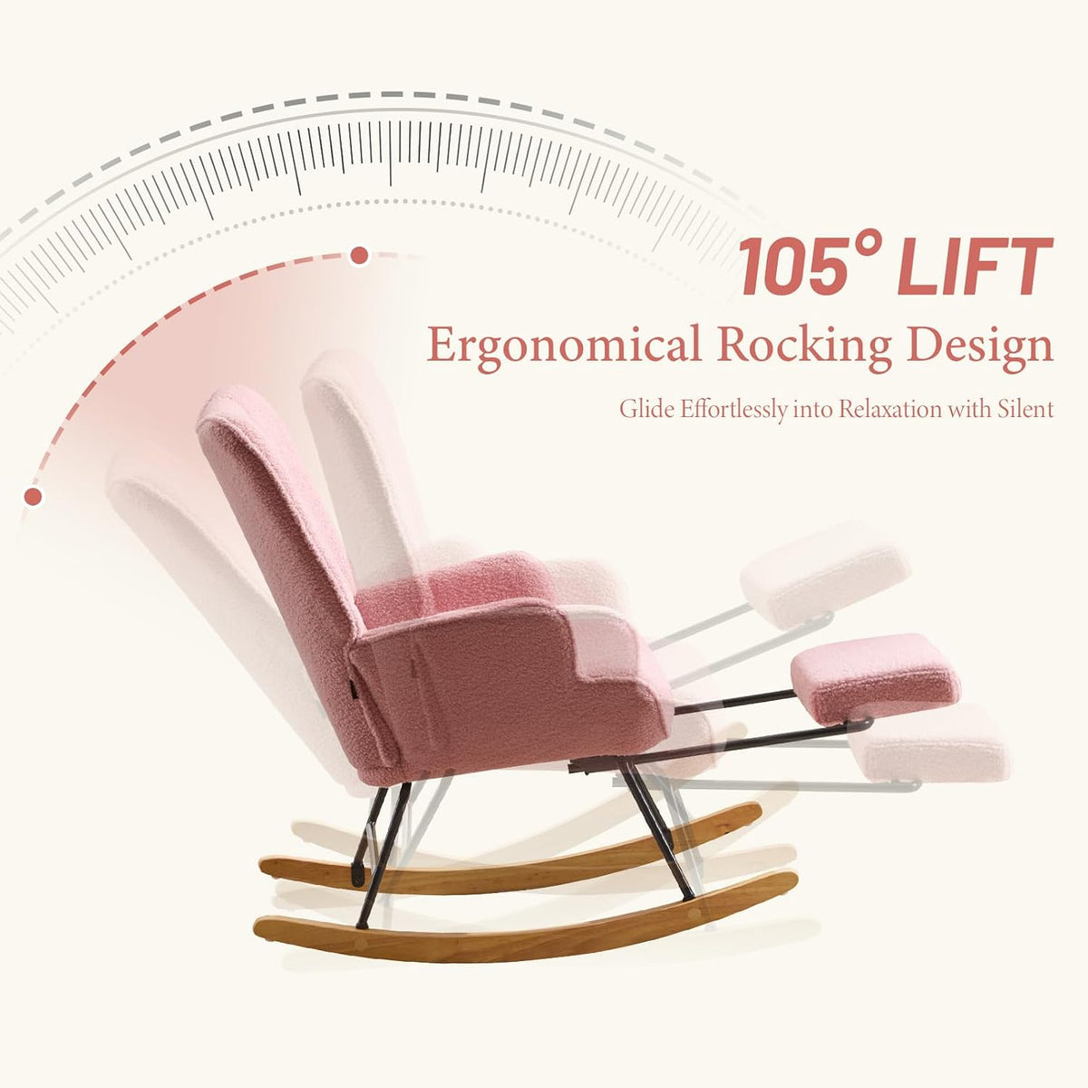Furniliving Nursery Rocking Chair Modern Armchair Upholstered Glider Rocking Chair Accent Chair with Retractable Footrest Reading Chair with High Backrest Solid Wood Base for Bedroom, White, Teddy