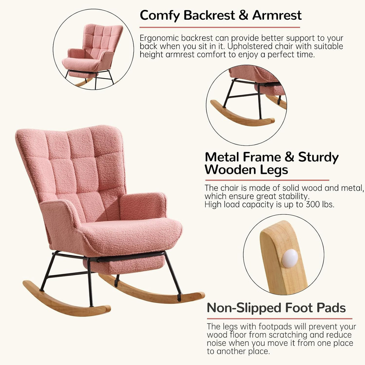 Furniliving Nursery Rocking Chair Modern Armchair Upholstered Glider Rocking Chair Accent Chair with Retractable Footrest Reading Chair with High Backrest Solid Wood Base for Bedroom, White, Teddy