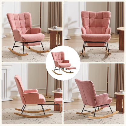 Furniliving Nursery Rocking Chair Modern Armchair Upholstered Glider Rocking Chair Accent Chair with Retractable Footrest Reading Chair with High Backrest Solid Wood Base for Bedroom, White, Teddy
