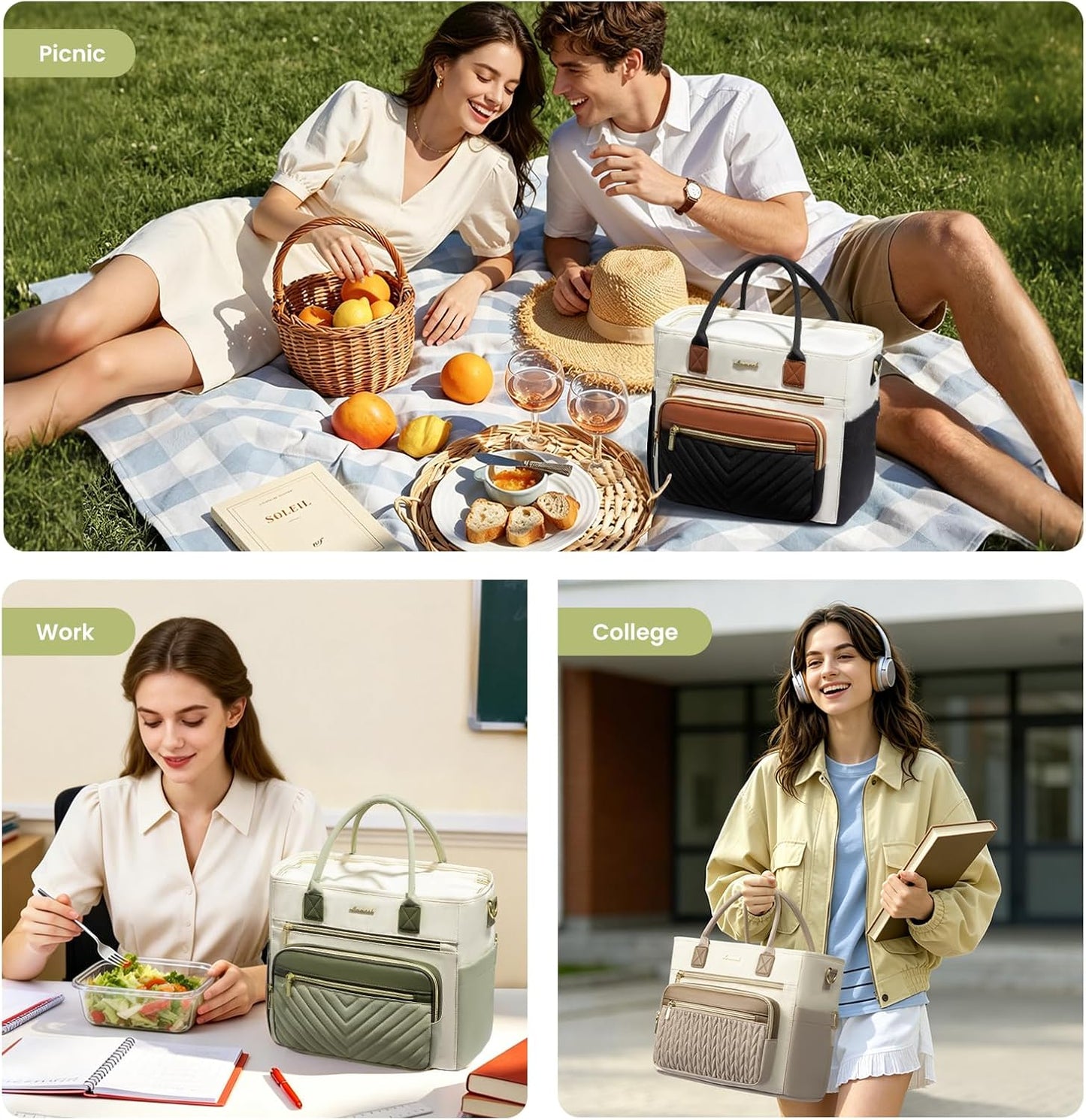 Insulated Lunch Box for Women,Large Adult Lunch Cooler Bag Women | Wide Opening Leakproof Cooler Bag with Cup Holder,Lunch Teacher Tote Bag for Work,Picnic,Beach,Family,College,Gift,13L - Colors B