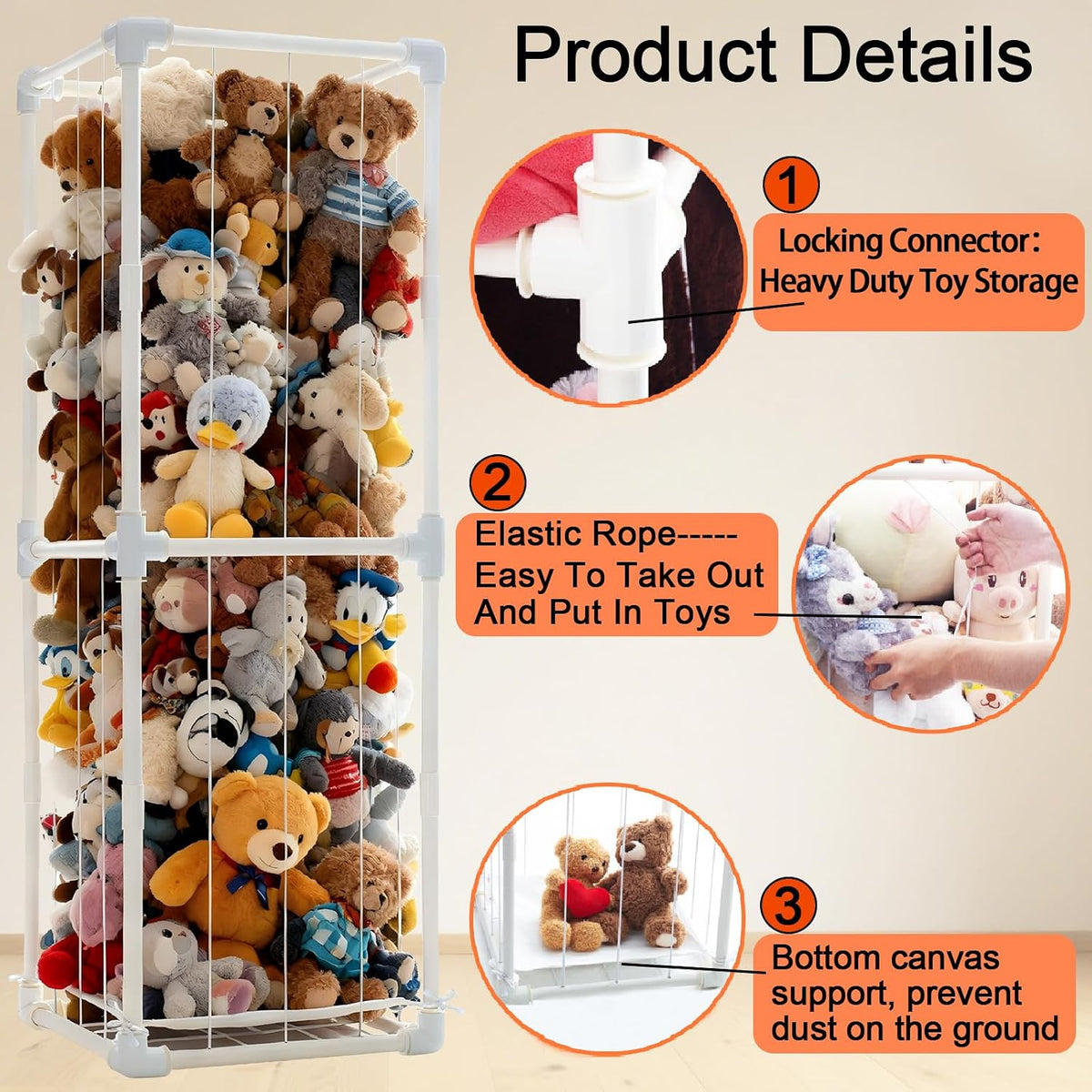 Stuffed Animal Storage Organizer, 58" Extra Large Zoo Cage for 80+ Plushies, Upgraded Quick-Lock Vertical Toy Holder for Kids Room & Playroom (White)