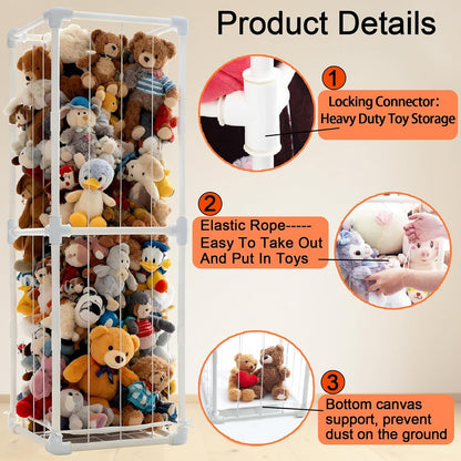 Stuffed Animal Storage Organizer, 58" Extra Large Zoo Cage for 80+ Plushies, Upgraded Quick-Lock Vertical Toy Holder for Kids Room & Playroom (White)