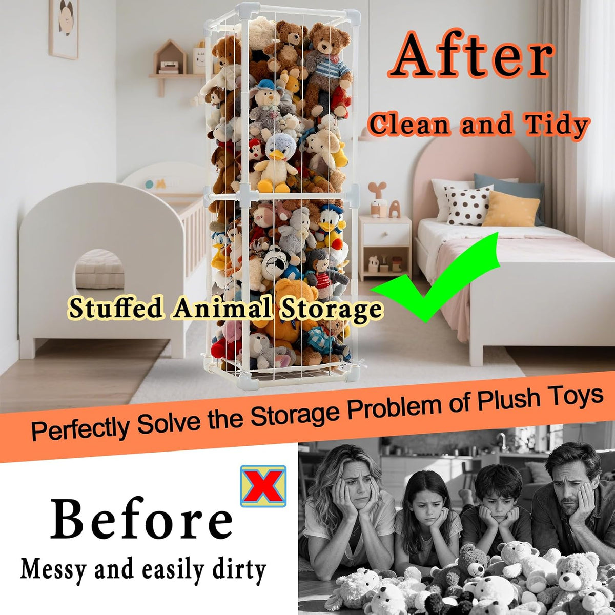 Stuffed Animal Storage Organizer, 58" Extra Large Zoo Cage for 80+ Plushies, Upgraded Quick-Lock Vertical Toy Holder for Kids Room & Playroom (White)