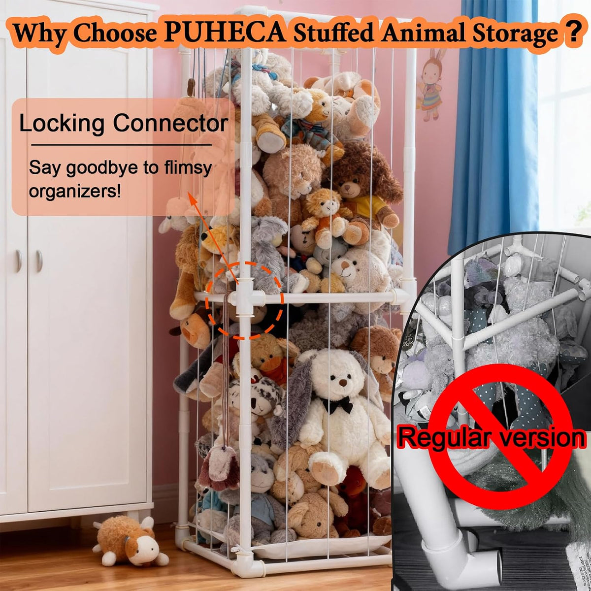 Stuffed Animal Storage Organizer, 58" Extra Large Zoo Cage for 80+ Plushies, Upgraded Quick-Lock Vertical Toy Holder for Kids Room & Playroom (White)